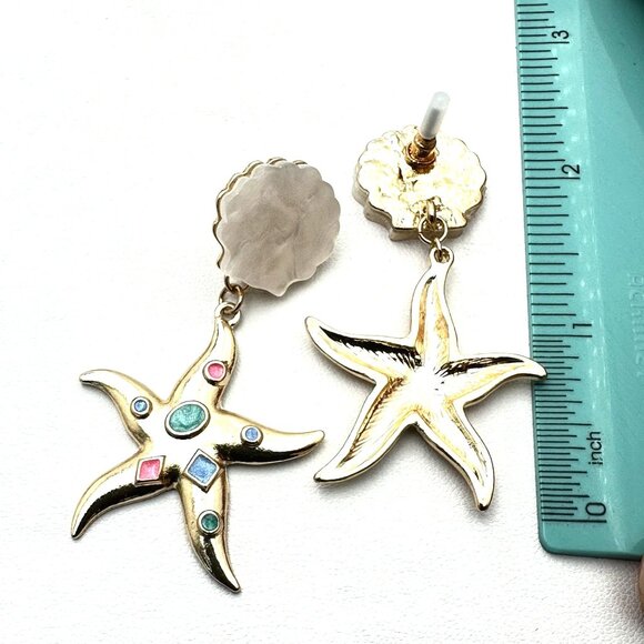 Multicolor Pastel Star Fish Gold Tone Earrings Pierced Sea Shell Beach Vaycay - Picture 3 of 5